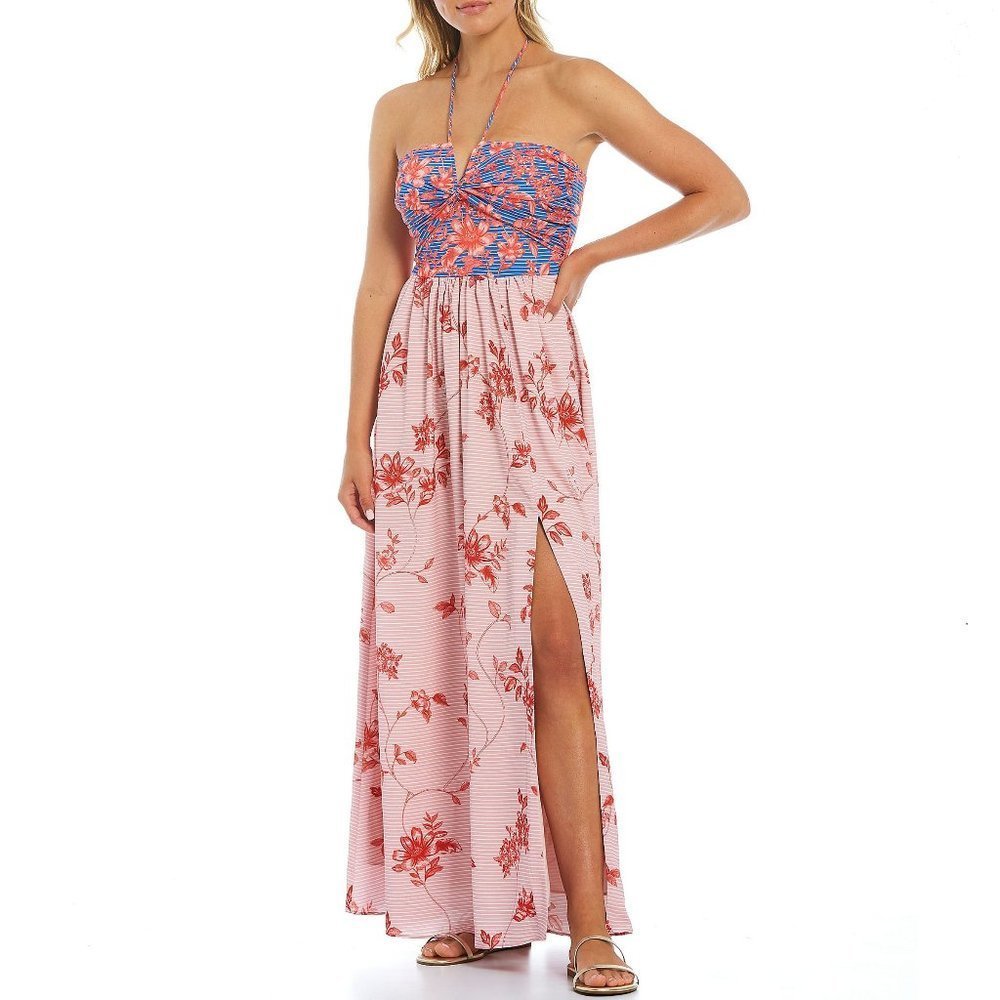 #43 NWT Belle Badgley Mischka - Coral Pink Blue Delaney Floral Maxi Dress Halter